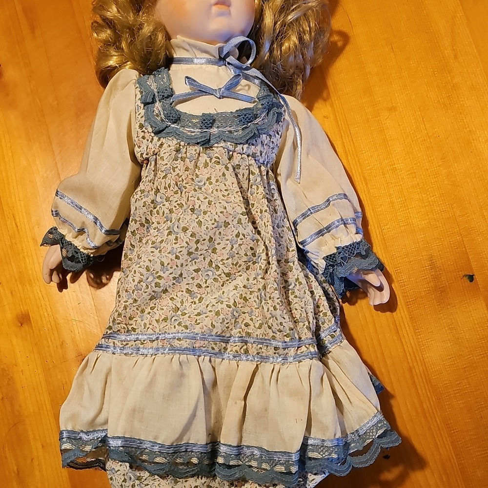 Vintagr Porcelain Doll Blonde Hair Blue Eyes Floral Dress with Lace Trim